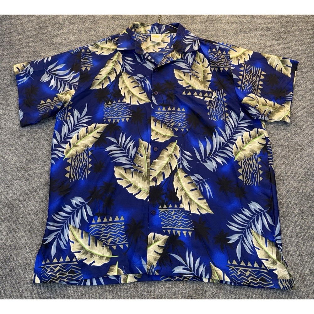Rima Hawaiian Camp Shirt Men's Large Blue Tropical Palm Leaves Aloha